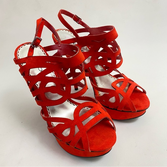 BEBE Red Platform Heeled Sandals Pumps 7 M Open Toe Ankle Strap Heels Stiletto - Picture 6 of 14